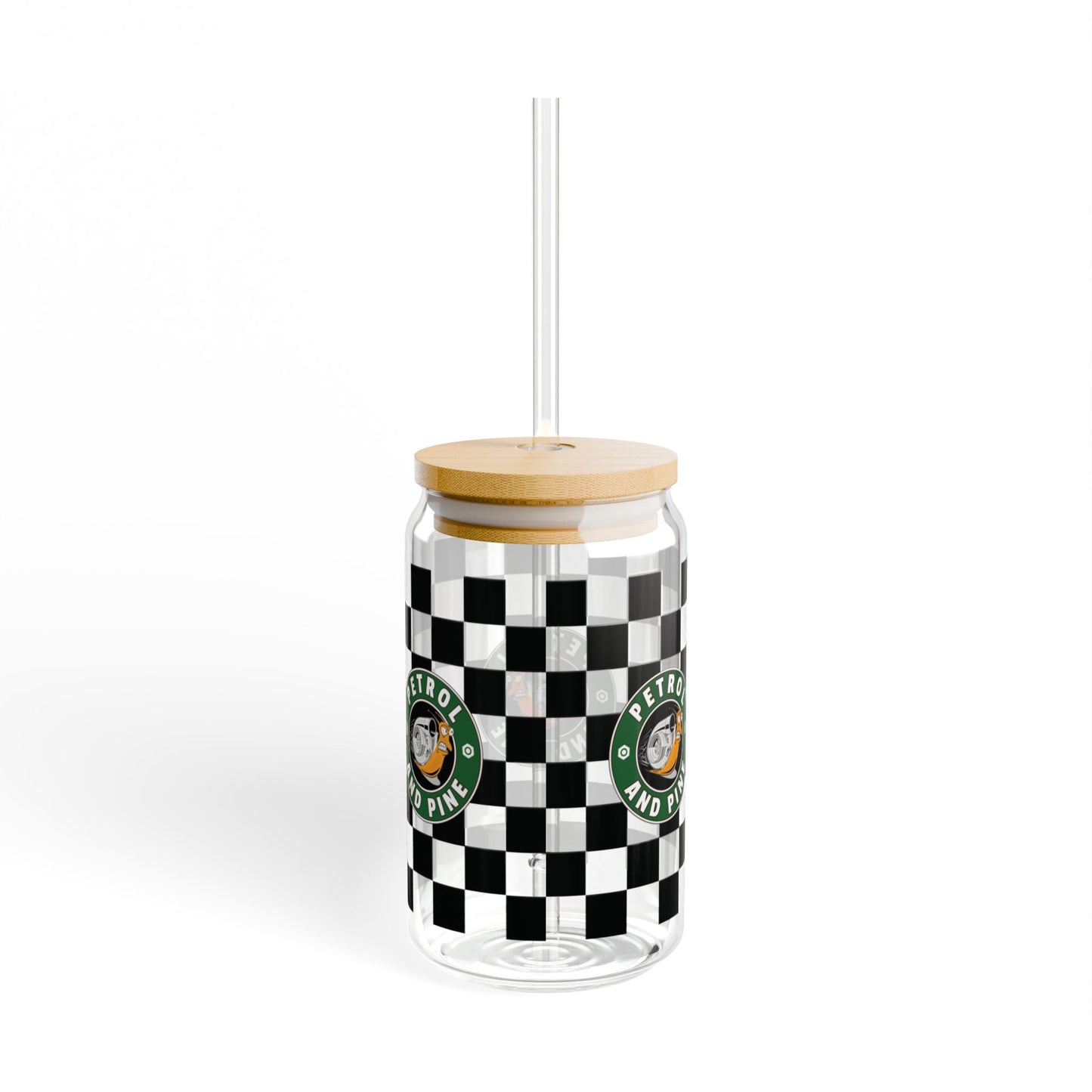 Petrol + Pine, Checkered Sipper Glass - 16oz with Eco-Friendly Bamboo Lid