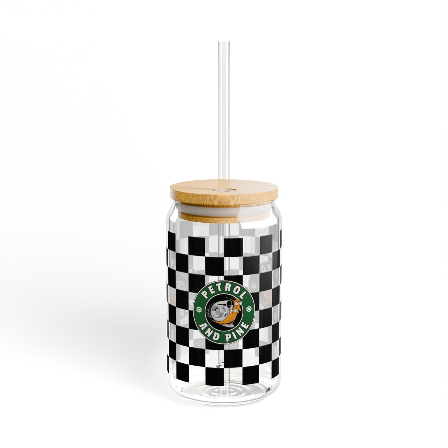 Petrol + Pine, Checkered Sipper Glass - 16oz with Eco-Friendly Bamboo Lid