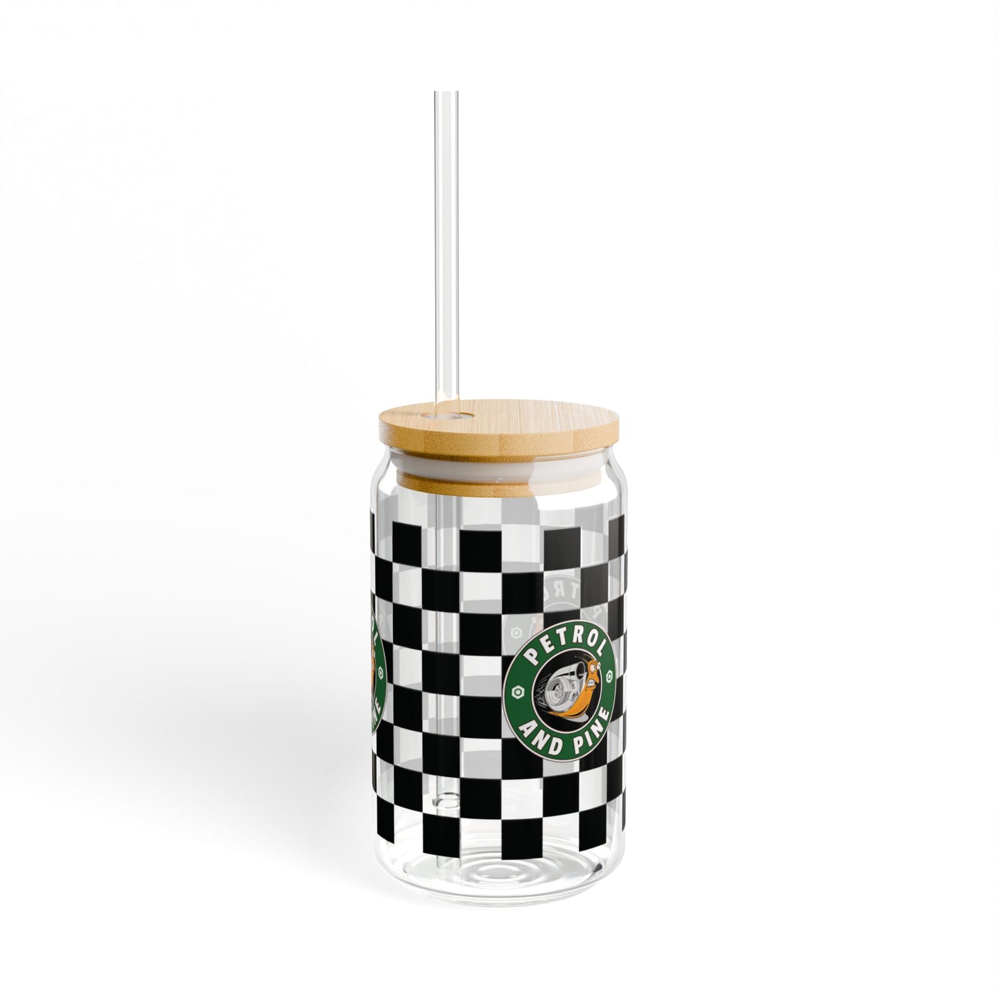 Petrol + Pine, Checkered Sipper Glass - 16oz with Eco-Friendly Bamboo Lid