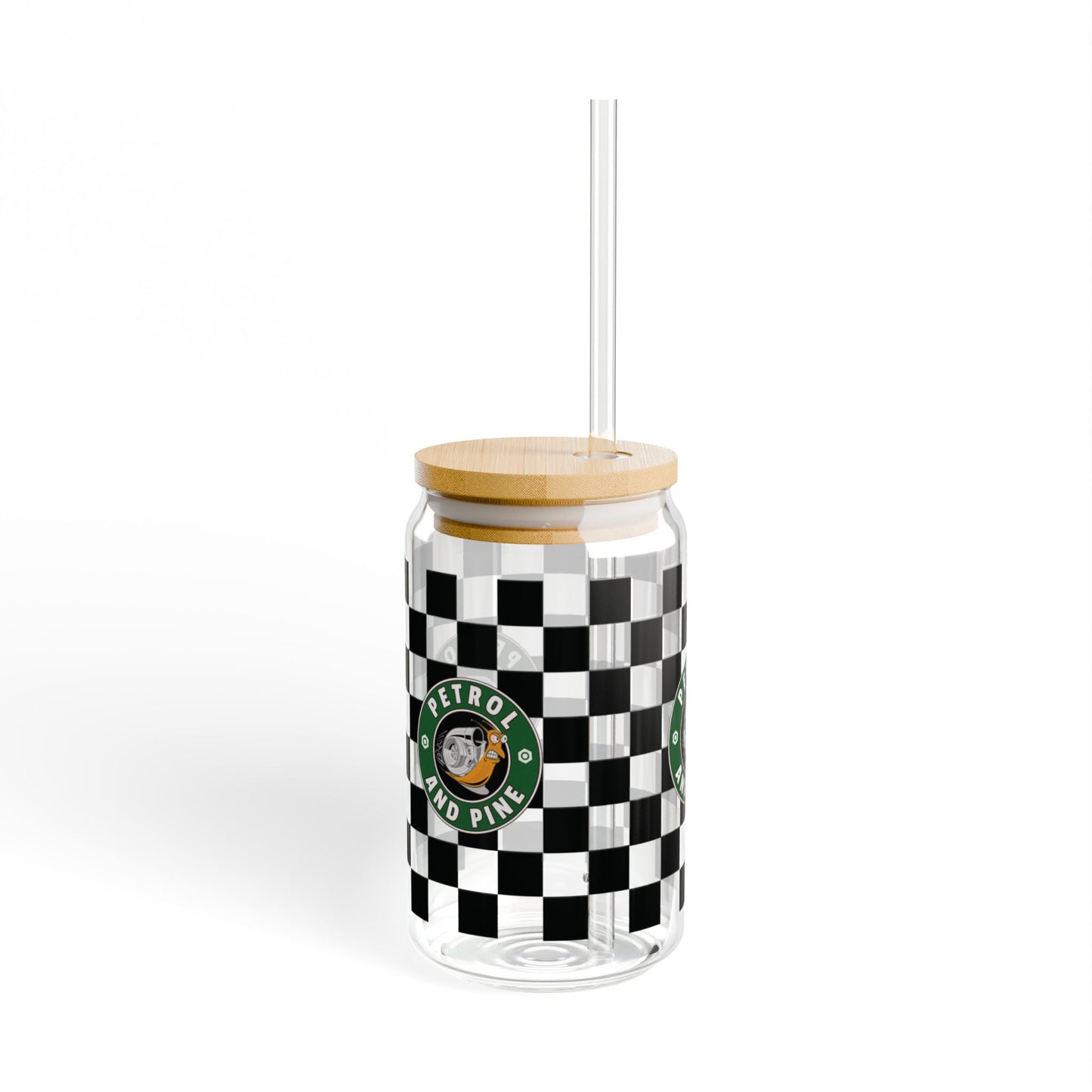 Petrol + Pine, Checkered Sipper Glass - 16oz with Eco-Friendly Bamboo Lid