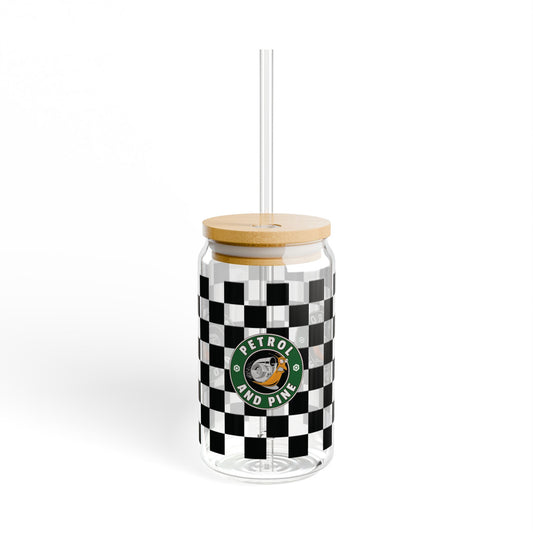 Petrol + Pine, Checkered Sipper Glass - 16oz with Eco-Friendly Bamboo Lid