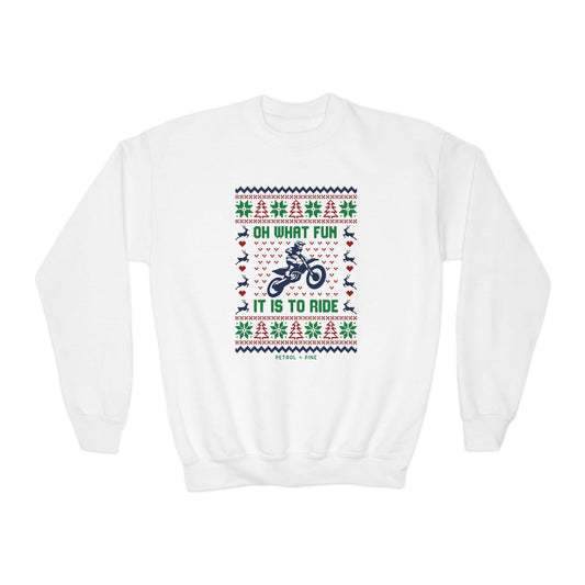 Oh What Fun Dirtbike Youth Crewneck Sweatshirt - Cozy Outdoor Style